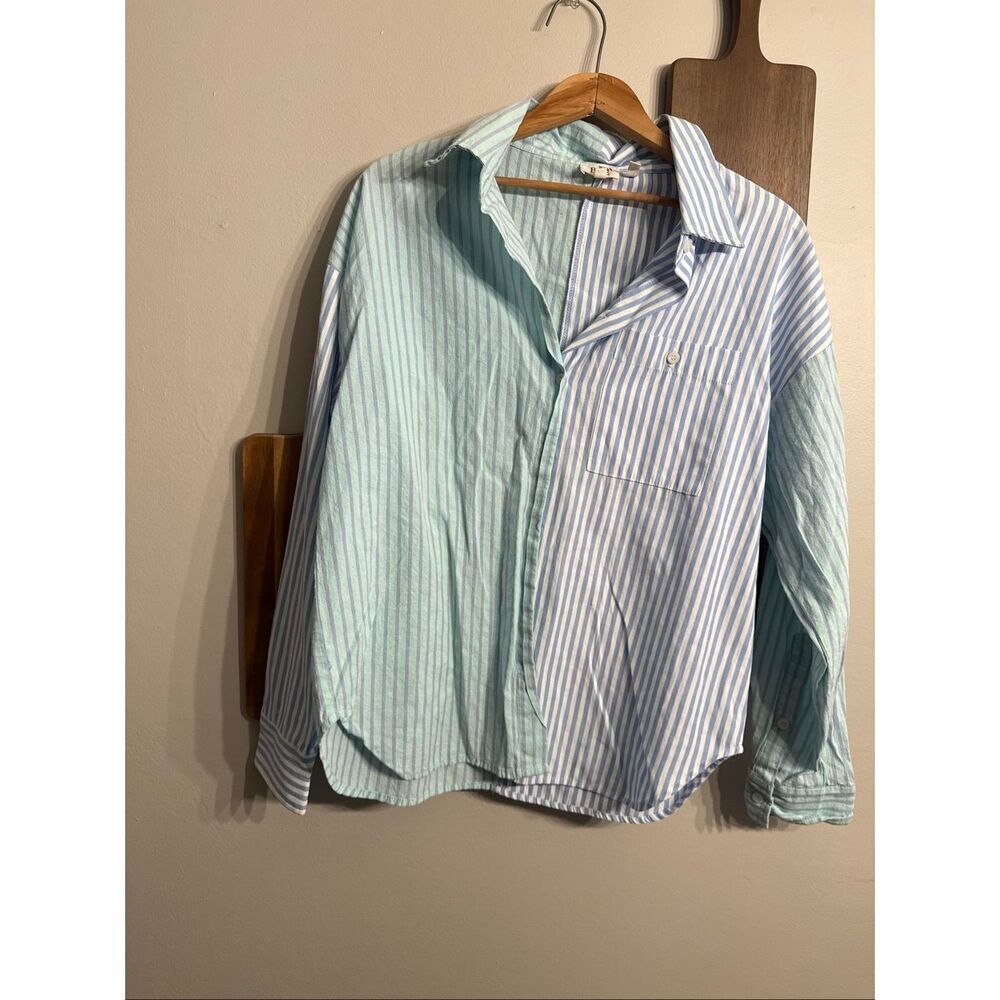 BKE Blue Green Striped Relaxed Long Sleeve Button Up Boyfriend Shirt Size Small